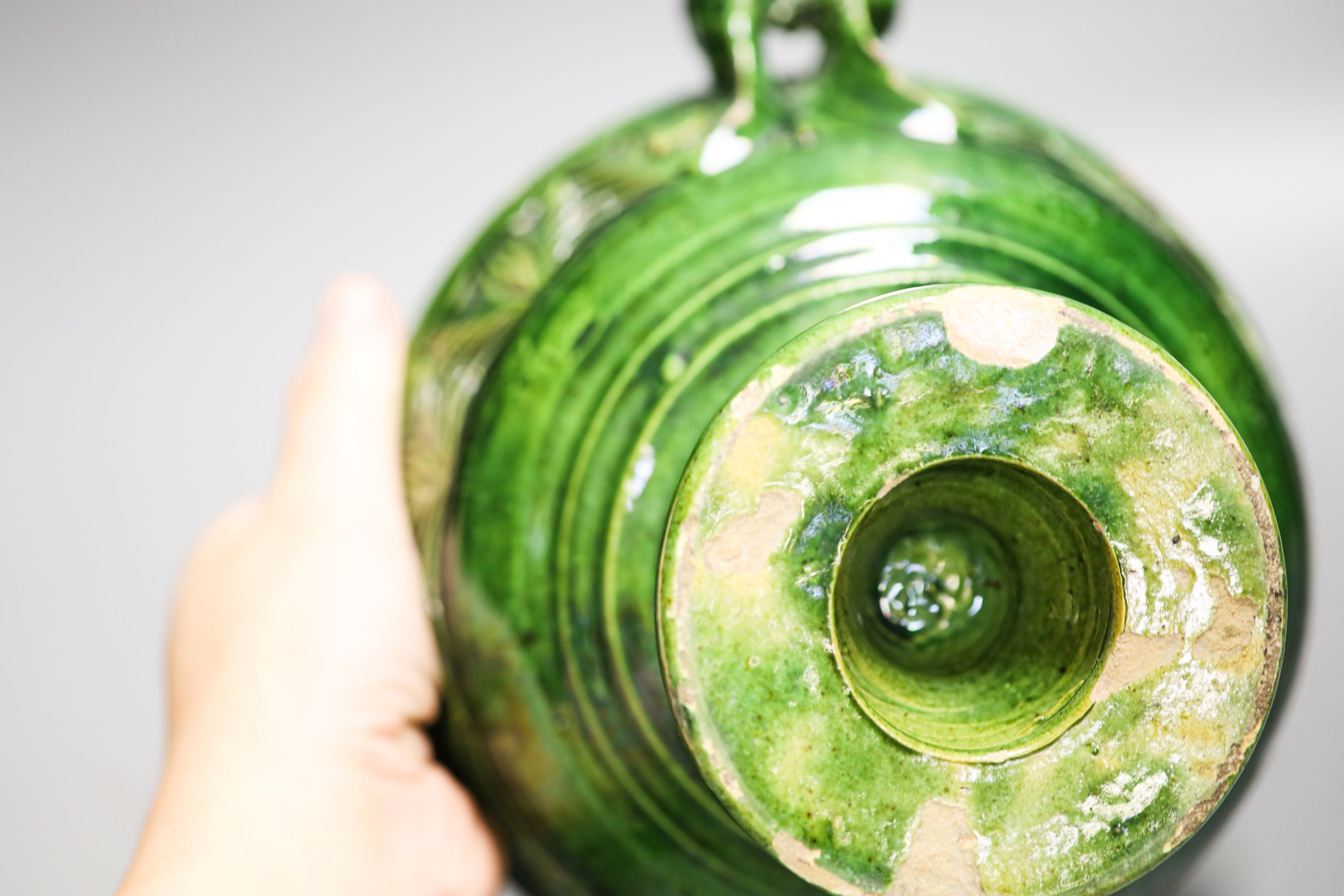 A Cantagalli maiolica vase (a.f.), a Bohemian vase and a green pottery bowl 27cm